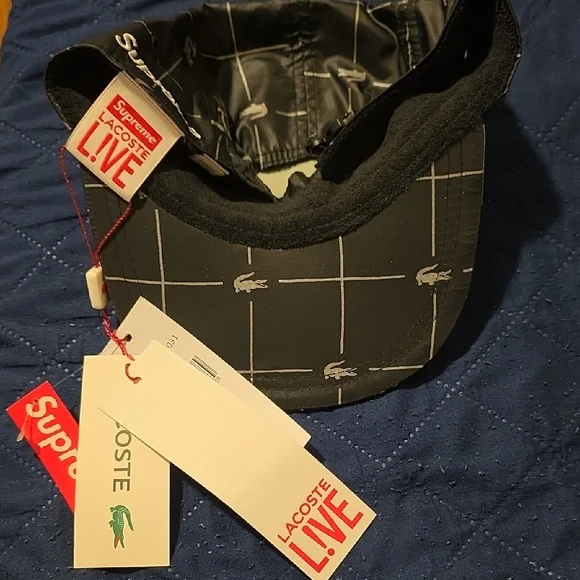NWT Supreme x Lacoste Black and Gray Grid Print Nylon Cap